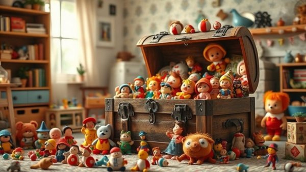 Vintage toy chest overflowing with colorful toys in a cozy playroom.