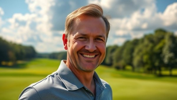 Smiling man outdoors at a golf course under blue skies.