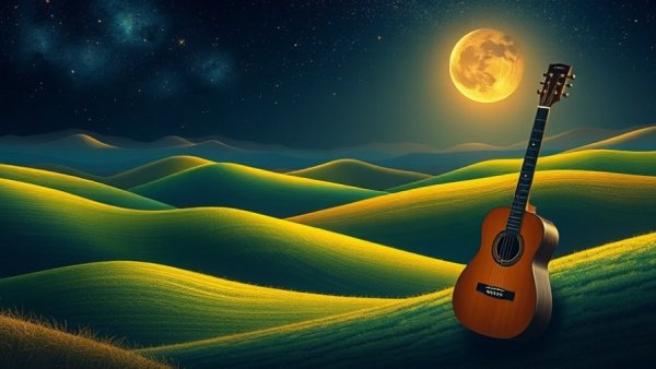 Artistic landscape illustration for New Jersey arts news featuring hills and a guitar
