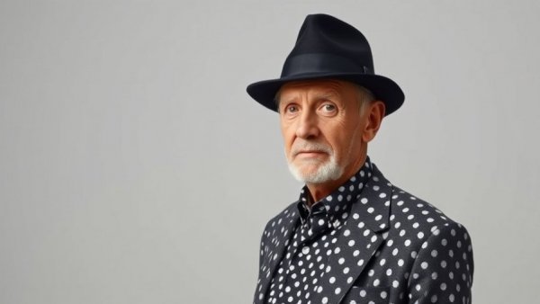 Elderly man in polka dot attire for New Jersey arts news.