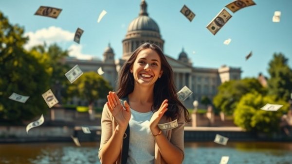 Woman with flying money in front of New Jersey Capitol, voter registration errors