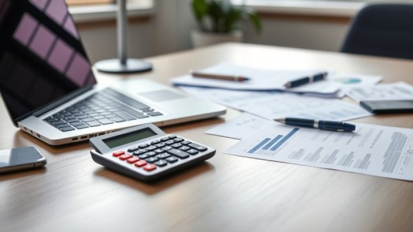 Modern desk setup with a calculator and laptop, financial tasks.