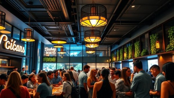 Bustling NJ restaurant opening with patrons and stylish decor