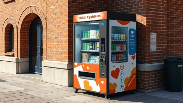 Teal vending machine for opioid recovery resources outside a brick building.