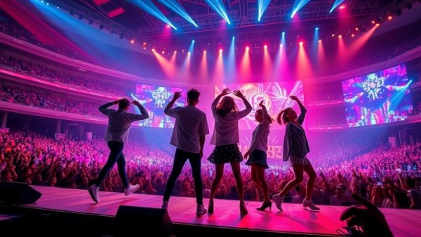 BTS performing at MetLife Stadium with vibrant lights and crowd.