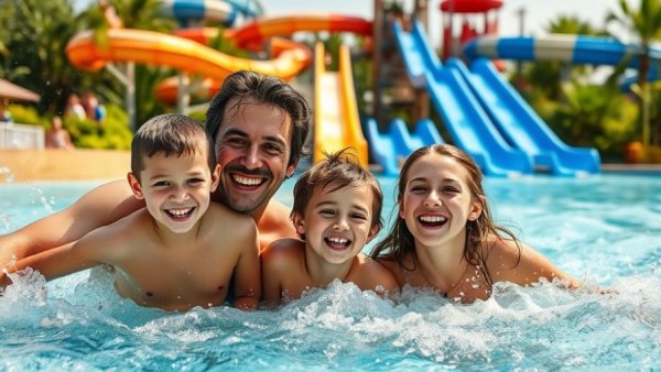 Family enjoying waterpark in NJ with kids splashing around.