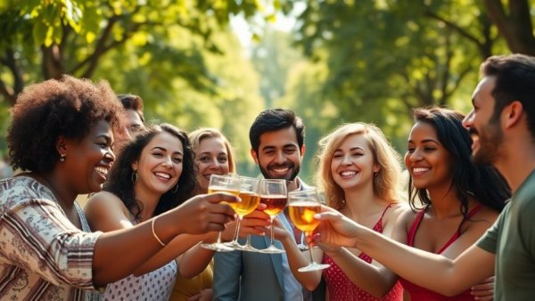 Friends toasting at sunny outdoor New Jersey event.