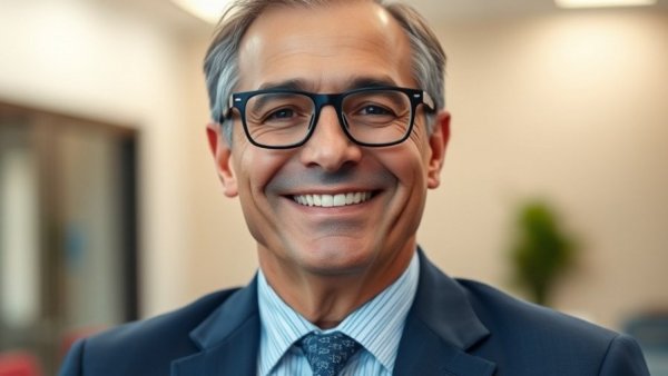 Professional in formal attire with glasses, smiling warmly