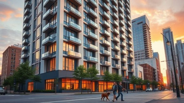 Jersey City condos, modern building at sunset, urban lifestyle.