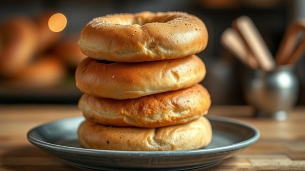 Freshly baked bagels stacked on plate for Knockout Bagels opening in Ramsey.