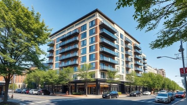 Luxury apartment complex in Hoboken with parked cars and trees.