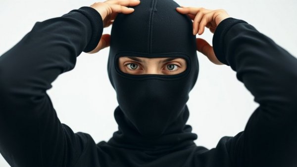 Person in black balaclava posing against white background.