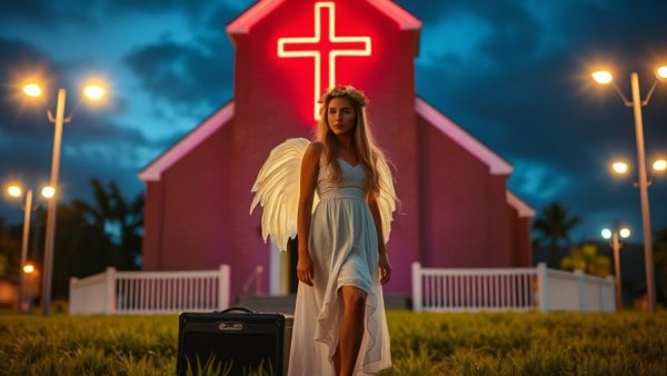 Young woman in an angel outfit under glowing streetlights