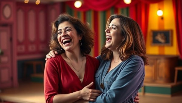 Two women in a lively stage moment, New Jersey arts