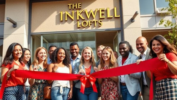 Group celebrating New Jersey restaurant opening with ribbon-cutting.