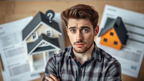 Confused man pondering NJ ANCHOR payment eligibility with house model.