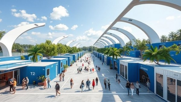 Modern AC Container Park Atlantic City design with blue and white containers.