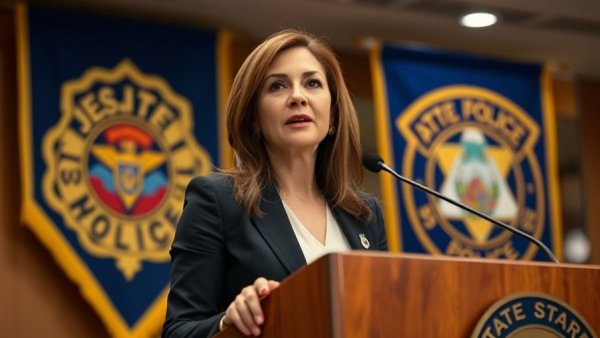 A woman speaking at podium with NJ banner in the background.