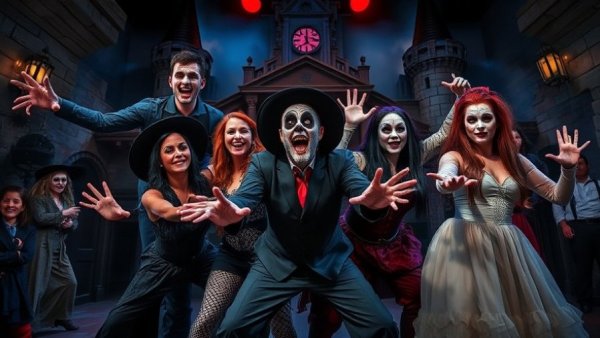 Theatrical actors in spooky costumes on stage in New Jersey.