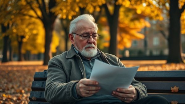 Retired cop reading paperwork on park bench in autumn