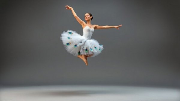 Ballet dancer in peacock dress, mid-jump in studio.