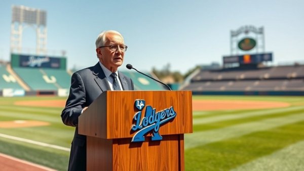 Elderly man speaks at Dodger Stadium, Tommy John surgery reference.