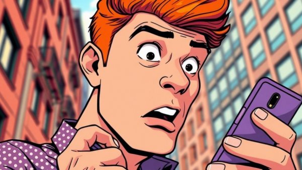 Retro comic style man in New Jersey stage setting, surprised at phone.