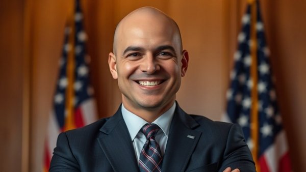 Bald man smiling in front of American flag, professional setting.