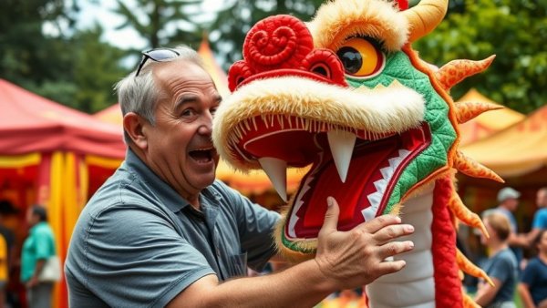 New Jersey events: Man with dragon puppet at outdoor festival.