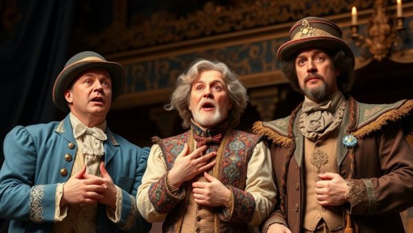Theatrical actors on stage expressing surprise, New Jersey arts news.