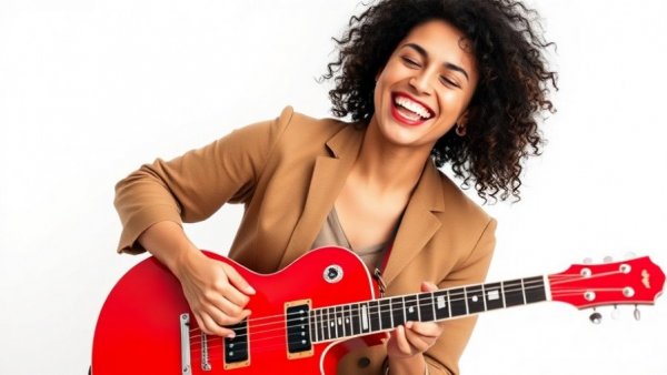 Laurie Berkner joyfully playing a red guitar, children's music