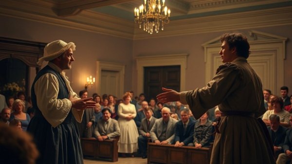Historical theater scene in New Jersey theater with period costumes.