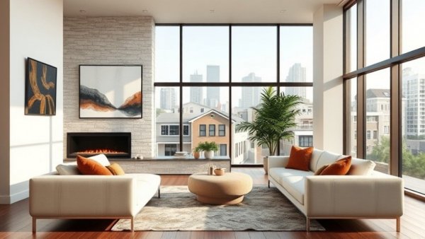 Modern Jersey City condominium living room with stylish decor and large windows.