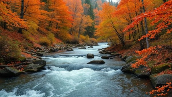 Colorful fall foliage by a river in one of the best national parks for vivid fall colors.
