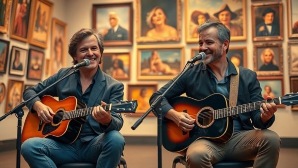 Two musicians in New Jersey art gallery, casual discussion