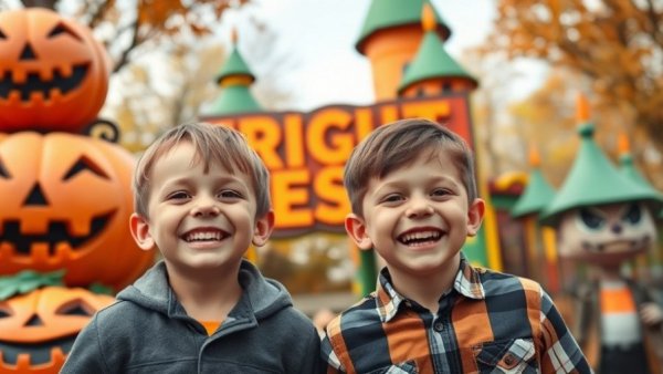 Things to do with kids NJ: Boys at Halloween theme park with pumpkins