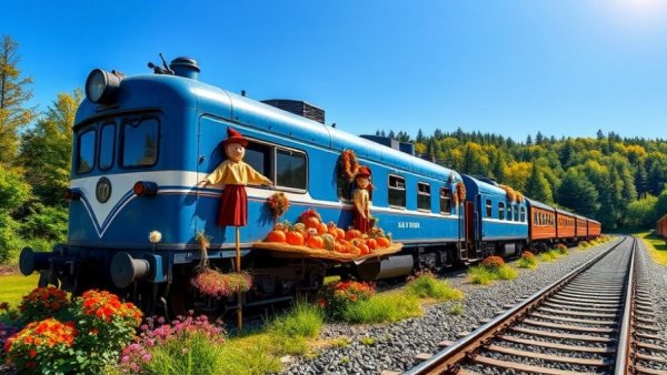 Pumpkin Patch Train Rides NJ scene with decorated train and autumn decor.