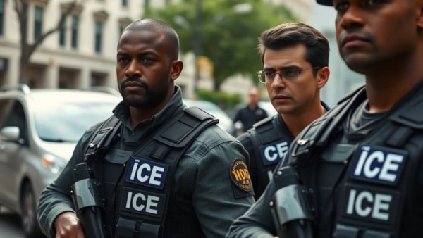 Officers in tactical vests with ICE badges ensuring local safety.