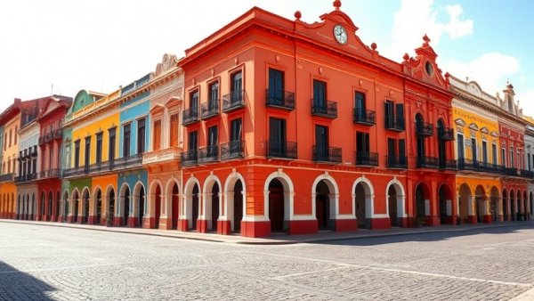 Colorful colonial buildings in a Cuban plaza, enhancing charm.