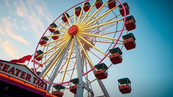 Colorful Ferris wheel at New Jersey event during sunset.