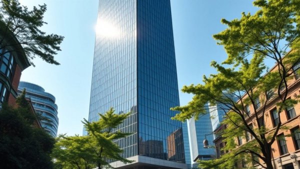 Modern high-rise building in Newark with glass facade and green surroundings