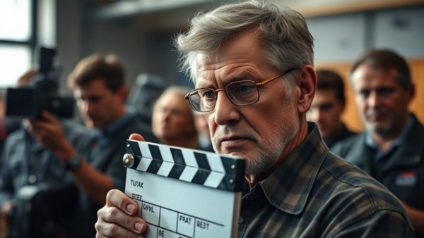 Film set in New Jersey with older man and clapperboard action