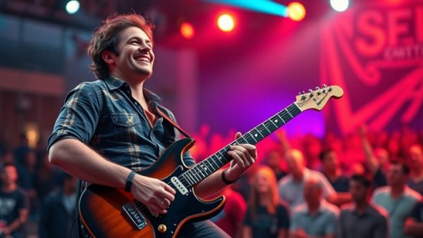 Energetic musician performing at a concert with a lively audience