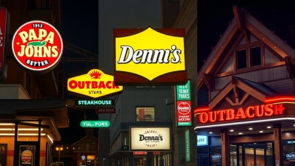Signage of chain restaurants like Denny's and Papa John's.
