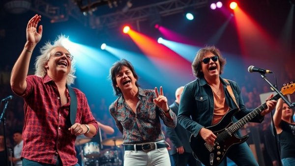 Legendary musicians performing live in a vibrant tribute concert.