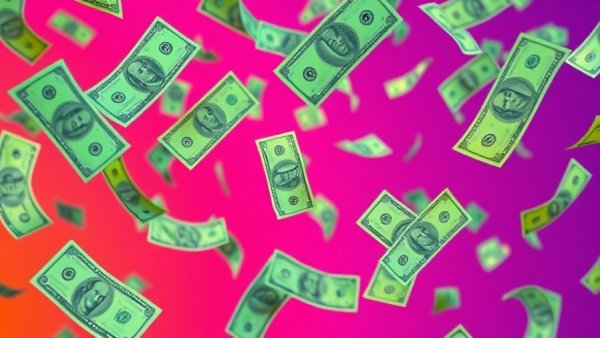 Win Cash Sweepstakes theme with floating dollar bills on a colorful gradient backdrop.