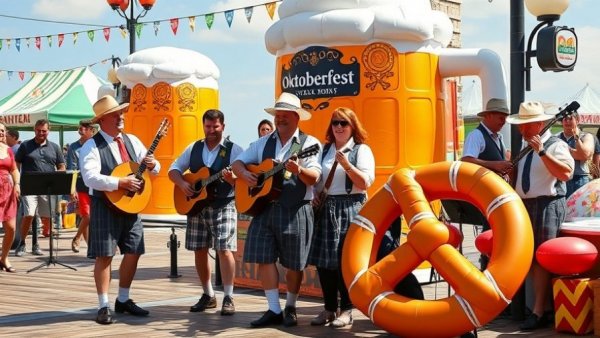 Musicians perform at New Jersey Oktoberfest 2026 with inflatables.
