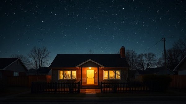 Suburban house at night with security lighting in New Jersey