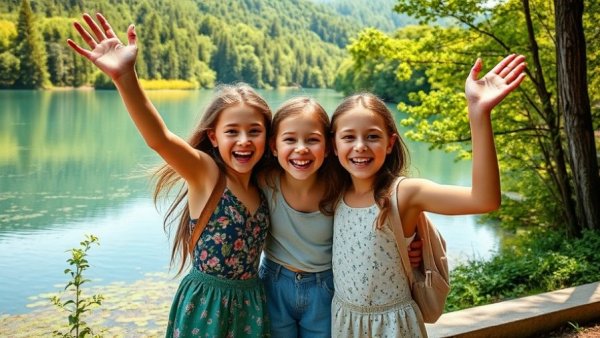 Things to do with kids NJ: joyful girls by a scenic lake