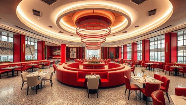 Modern Bergen County restaurant interior with red seating and elegant design.